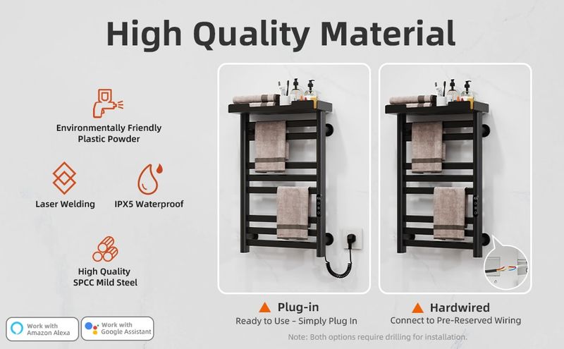 SIOYIE Heated Towel Rack With Shelf And Wi-Fi App Control, 8 Bars Electric Wall Mounted Towel Warmer With Timer & Adjustable Temperature, Low Carbon Steel, Plug-in/Hardwired, Matte Black_voghion.com