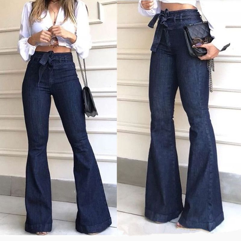 Damen-Hosen mit hoher Taille, Hüftgurt, ausgestellte Hosen, weites Bein, Damenjeans_voghion.com