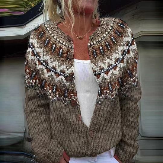 Cardigan etnico in maglia jacquard | Maglione pullover boho (S-5XL, oltre 30 colori)_voghion.com