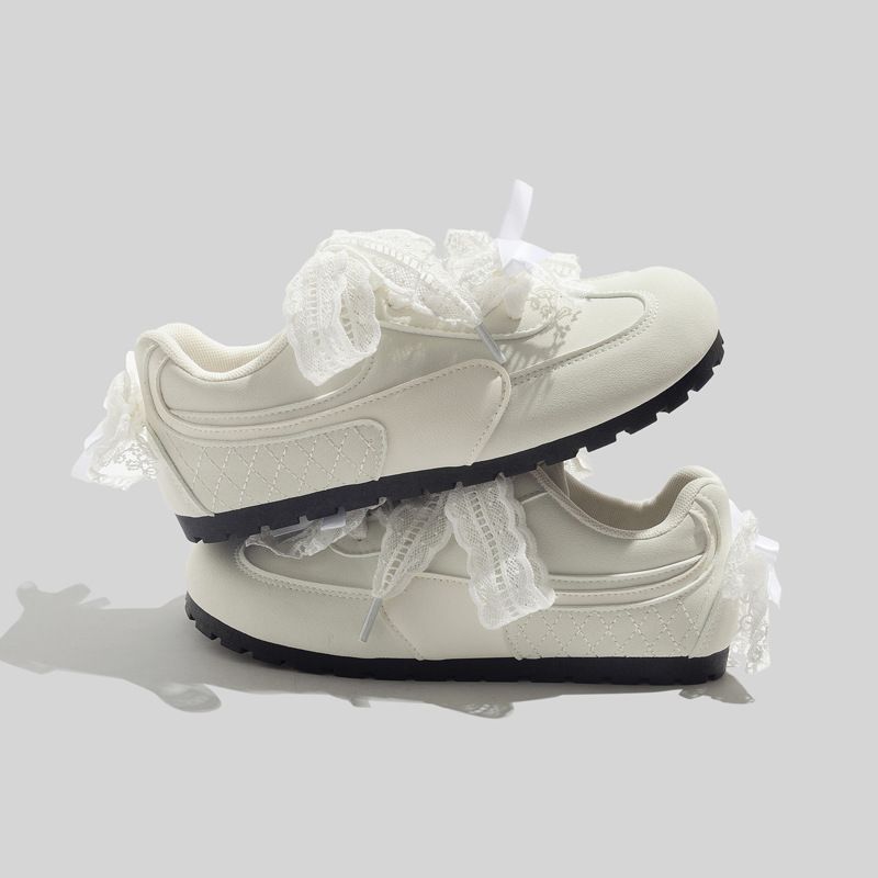 Elegant Lace Bow Beige German Training 2025 Spring New Versatile Flat Sneakers_voghion.com