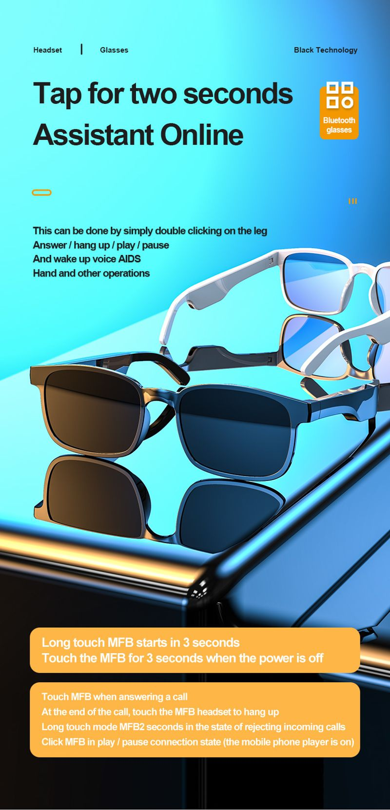 New Wireless Bluetooth Earphones Fashion Glasses Smart Headset Bone Conduction Earbuds Call Audio Music Headphones_voghion.com