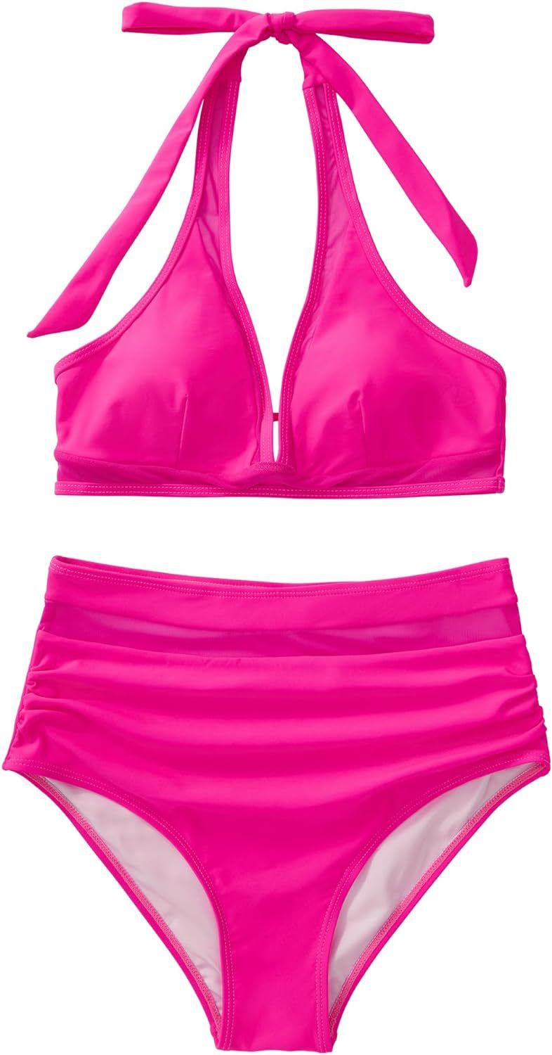 Maillot de bain une pièce sexy ajouré couleur unie, maillot de bain une pièce en maille épissée, taille haute, décolleté plongeant_voghion.com