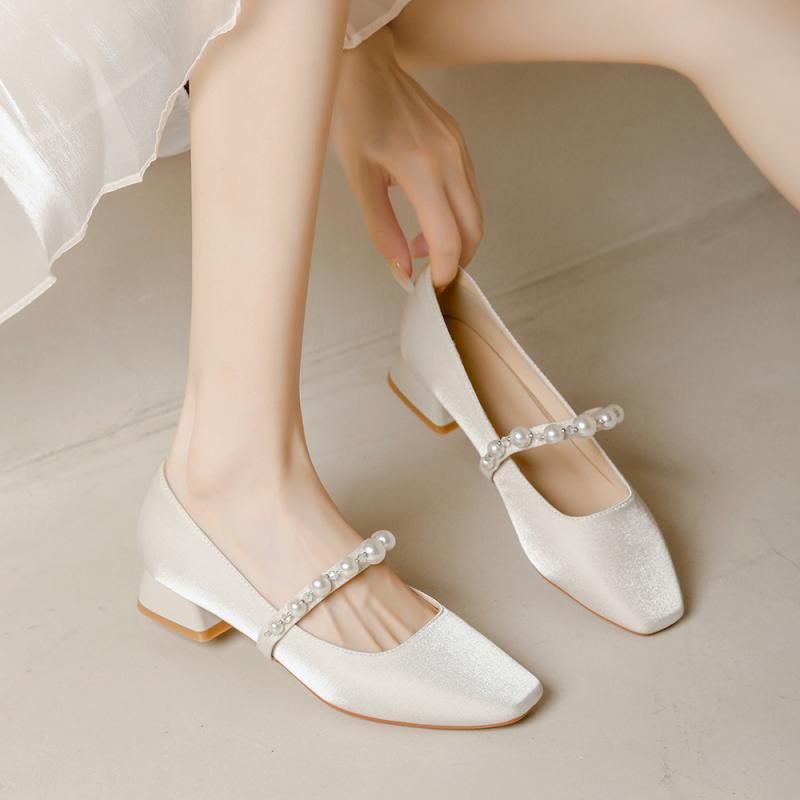 Scarpe singole da donna in stile francese con punta quadrata bassa e tacco spesso, stile Mary Jane, cheongsam, rosse, con tacco alto, da sposa, damigella d'onore, matrimonio_voghion.com
