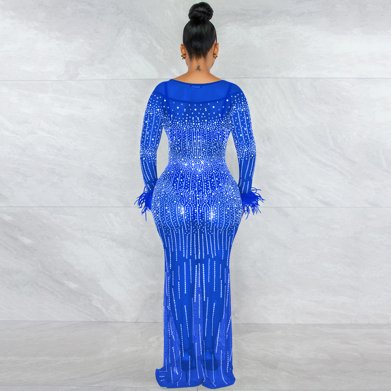 Damenmode-Nachtclub-Party mit Diamant-Damen-Mesh-Perspektive, langärmeliges Kleid, Damenkleid_voghion.com