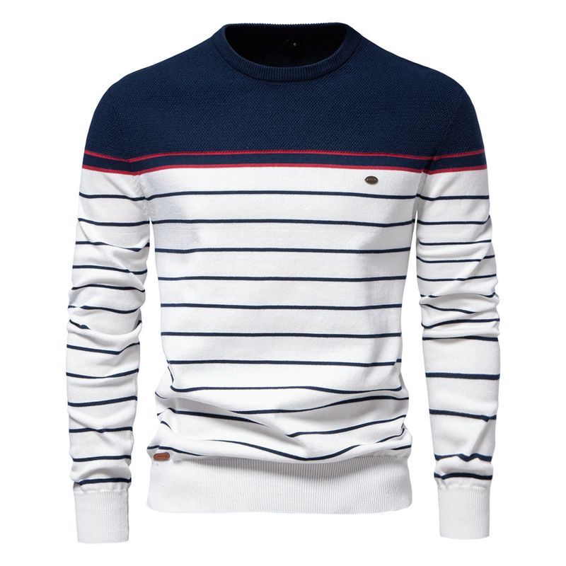 Men's Clothing New Striped Color Matching Long Sleeved Men's Knitted Sweater Fashionable Round Neck Men's Casual Sweater_voghion.com