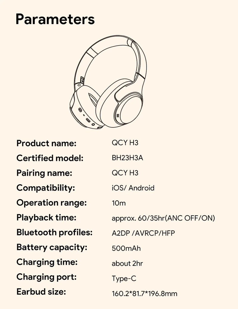 QCY H3 ANC Wireless Headphones Bluetooth 5.4 Hi-Res Audio Over Ear Headset 43dB Hybrid Active Noise Cancellation_voghion.com