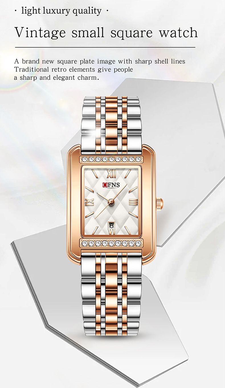 Orologio da donna elegante al quarzo con diamanti quadrati e numeri romani, con datario, resistente all'acqua, cinturino in acciaio inossidabile o in pelle_voghion.com