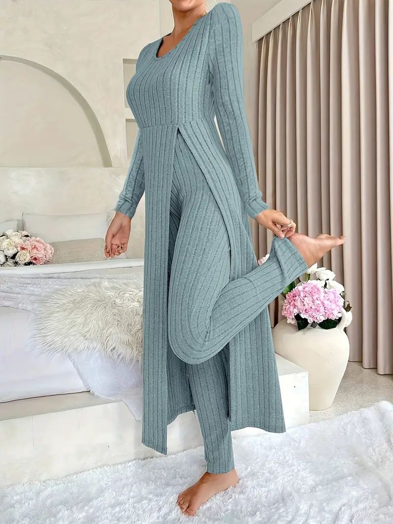 Damen Kleidung Design Rundhals Split Langarm Zweiteiler Anzug Gerippt Frühling_voghion.com