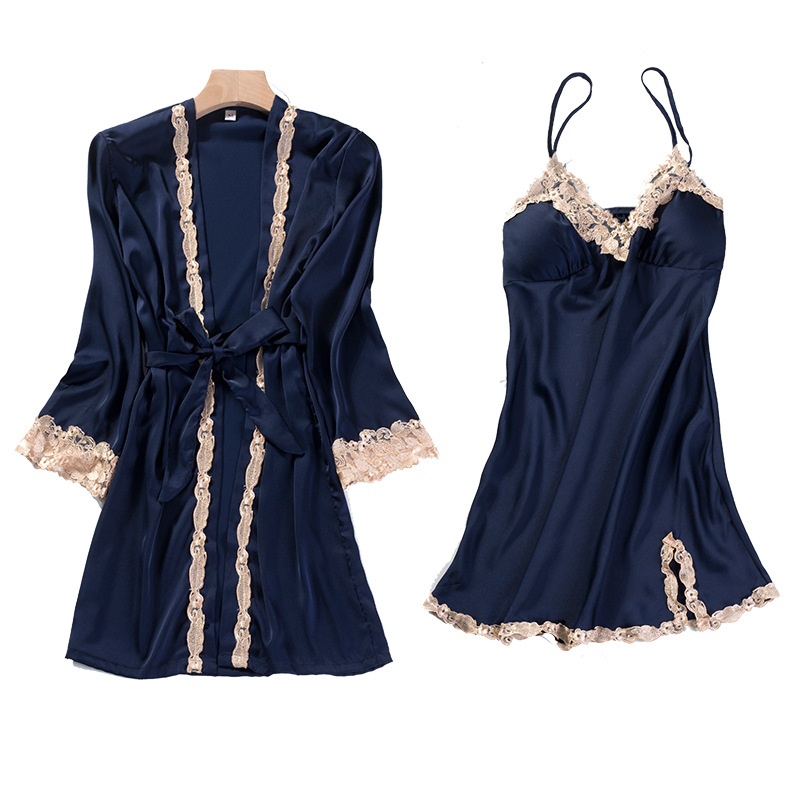 pigiama sexy da donna in seta di ghiaccio set da cinque pezzi con bretelle camicia da notte a maniche lunghe in seta sottile da casa con imbottitura sul petto_voghion.com