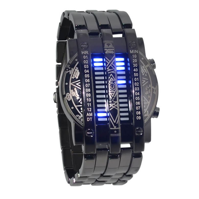 Relógio Digital Binário LED Masculino - Cronógrafo Empresarial Elegante com Pulseira de Corrente, Calendário e Mostrador Mensal, Resistente à Água_voghion.com