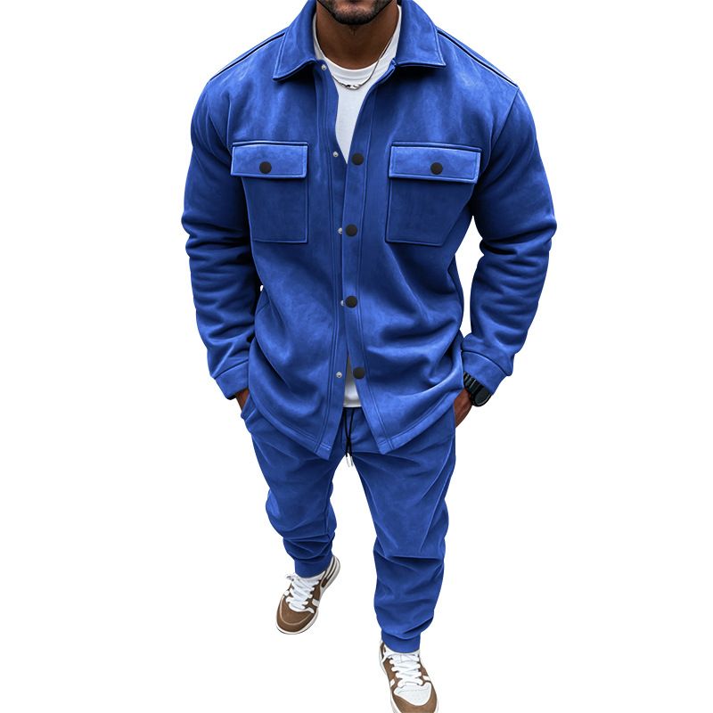 Autumn Winter American Style Jacket And Casual Pants Two-Piece Set Men's Solid Color Suede Suit_voghion.com