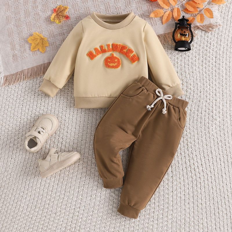 2024 Abbigliamento per bambini Autunno e inverno Set con cappuccio ricamato con lettera di zucca di Halloween_voghion.com