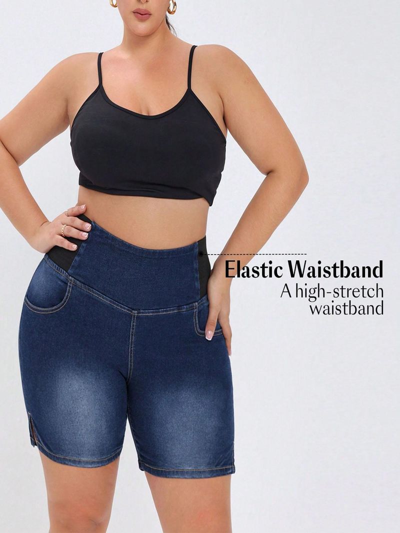 Stretch-Jeansshorts für Damen in Übergröße mit elastischem Bund – hoch sitzende Capri-Jeans mit geradem Bein und mittlerer Länge für Arbeit und Alltag_voghion.com