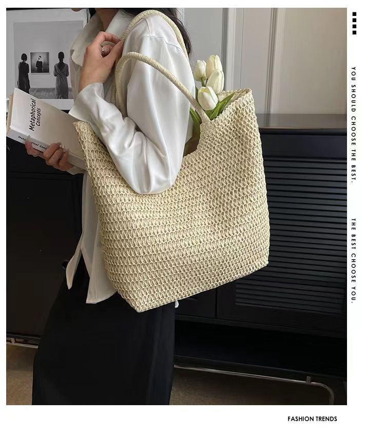 Vendita diretta in fabbrica borsa di paglia di grande capacità nuovo stile semplice borsa di paglia a tracolla borsa tessuta borsa da spiaggia per le vacanze borsa da donna versatile_voghion.com