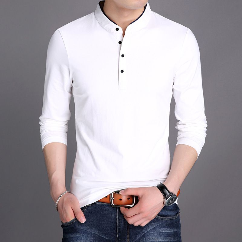 Pure cotton long sleeved T-shirt for middle-aged young fathers, 2024 new spring and autumn season lapel top, men's_voghion.com