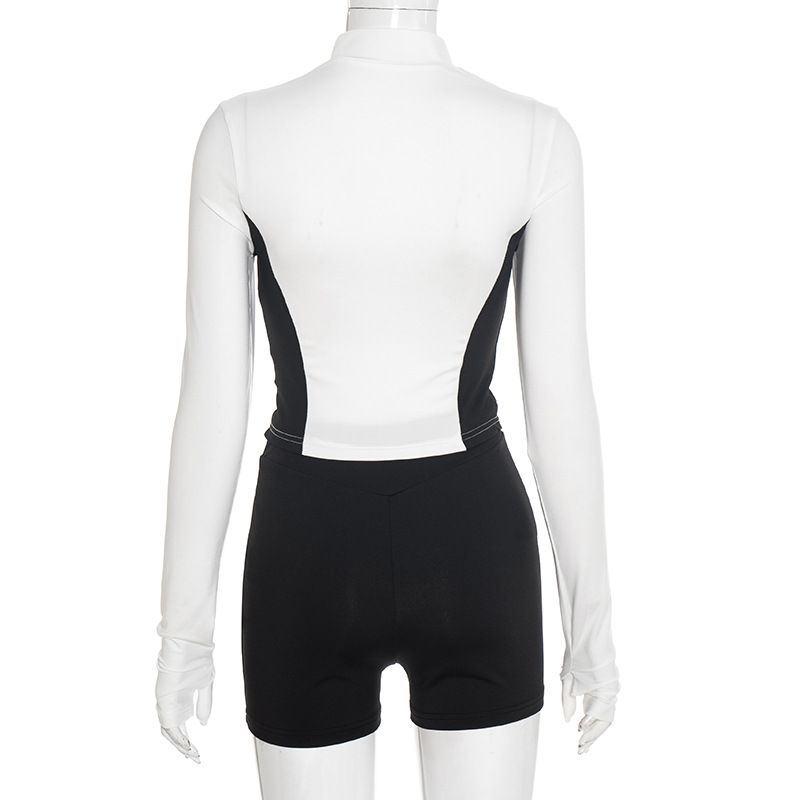 Women's Fashion Two-Piece Set: High-Neck Zip-Up Pullover With Contrast Color Blocking & Knotted Shorts - Streetwear Outfit_voghion.com