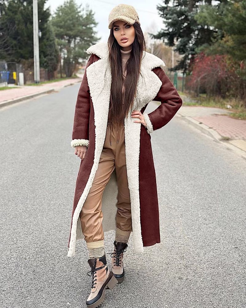 Langer Kunstpelzmantel für Damen mit abnehmbarem Kragen – warme Winterjacke mit Fleecefutter für den eleganten Arbeitsweg (Kamel, Braun, Weinrot, Grün, Schwarz)_voghion.com