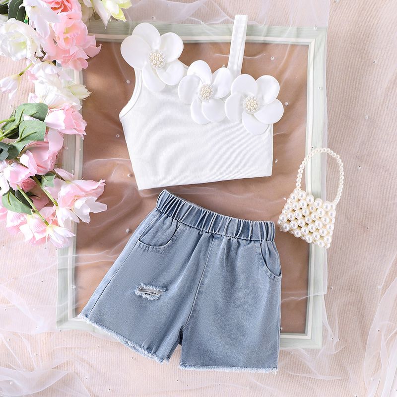 Kinderkleding Zomer Schuine Schouder Jarretel Driedimensionale Bloemen Vest Gescheurde Denim Shorts Tweedelige Set_voghion.com