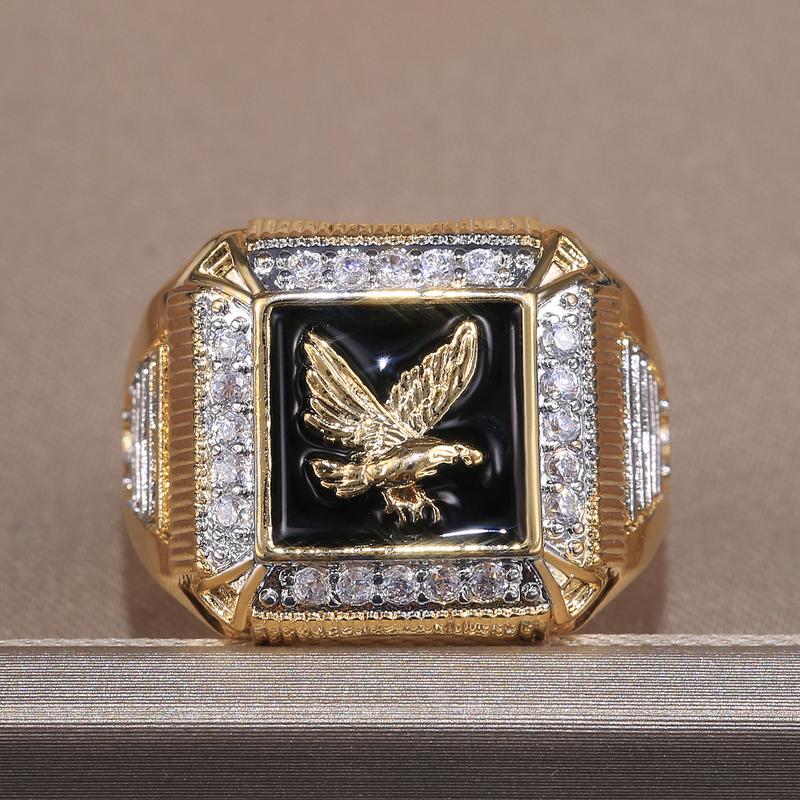 Men's Jewelry Electroplated Eagle Surrounding Diamond Ring Gold Plated Ring_voghion.com