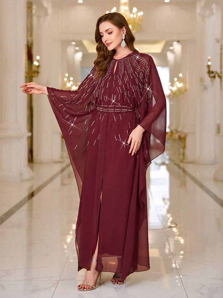 Elegante abito da sera in chiffon con strass da donna – Abito da festa a trapezio con maniche lunghe (bordeaux, S/M/L) Abito vintage con cintura a vita alta_voghion.com