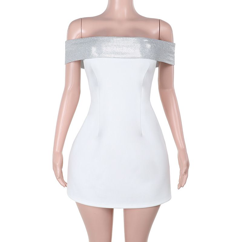 Off-Shoulder Women's Fashion 2025 Autumn New Sexy Slim Fit Shimmer Strapless A-Line Short Dress_voghion.com