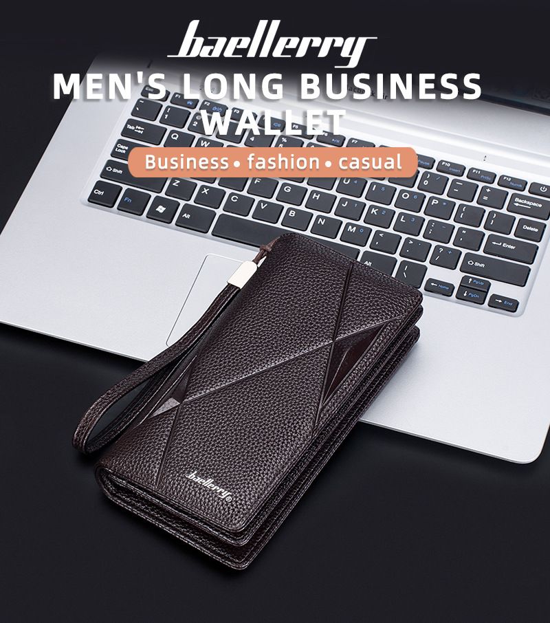 New Men's Wallet Long baellerry Business Casual Litchi Pattern Zipper Clutch Multi-Card Wallet_voghion.com