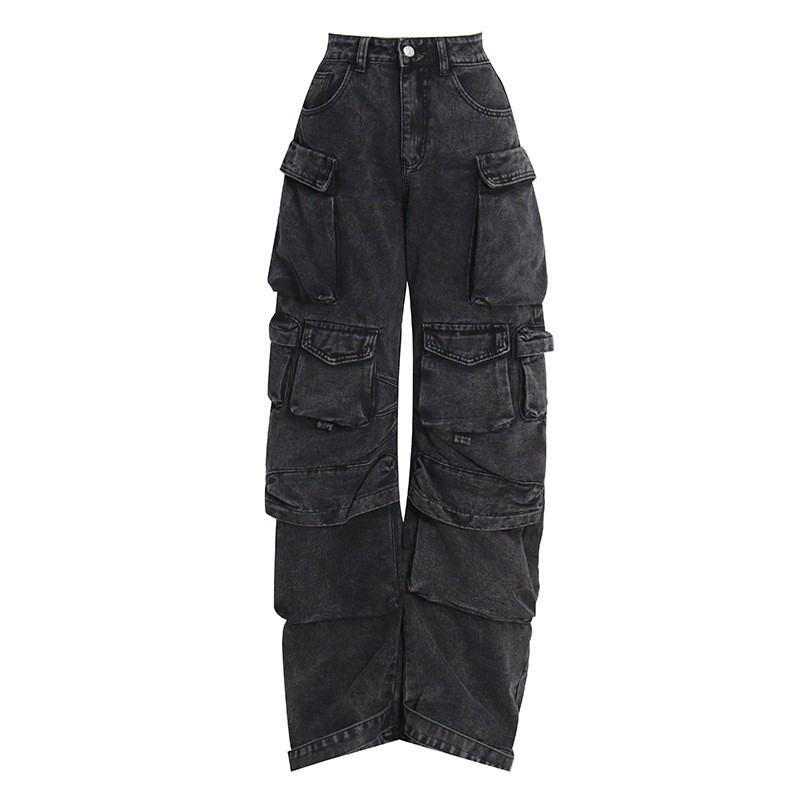 Vêtements pour femmes Street Trendy New Style Salopette à poches multiples épissée gris fumé à la mode Pantalon large et long délavé et vieilli_voghion.com