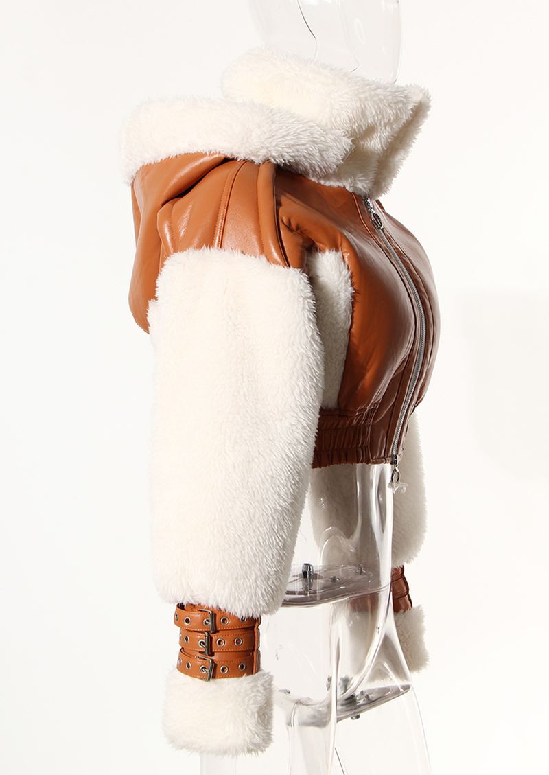 Fur one-piece lamb fur short coat women's winter American retro stitching contrast color hooded motorcycle jacket top_voghion.com