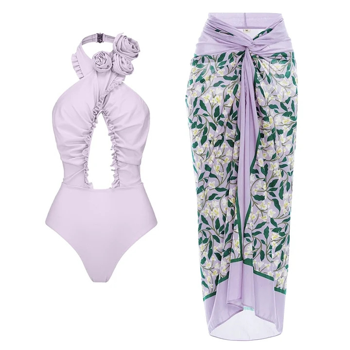 Women's 3D flower halter neck backless swimsuit and wrap skirt suit for women_voghion.com