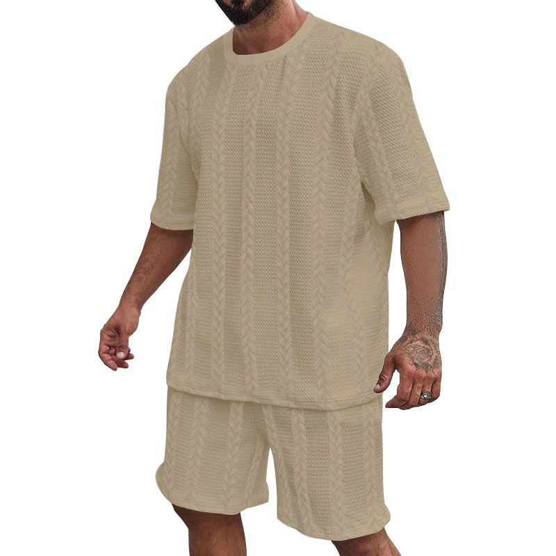 24 Strick-Set aus einfarbigem Jacquard, Sommer, lässig, Rundhalsausschnitt, Pullover, Kurzarm, Shorts, Sport-Set für Herren_voghion.com