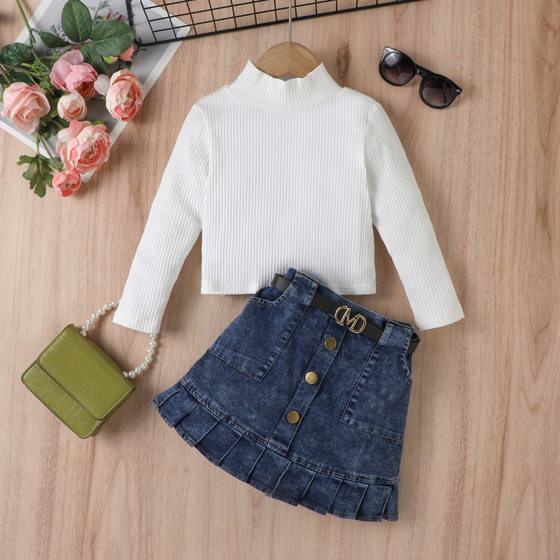 Kinderkleid Mädchen Einfarbig Weste Langarm Top Denim Offene Tasche Faltenrock Anzug_voghion.com