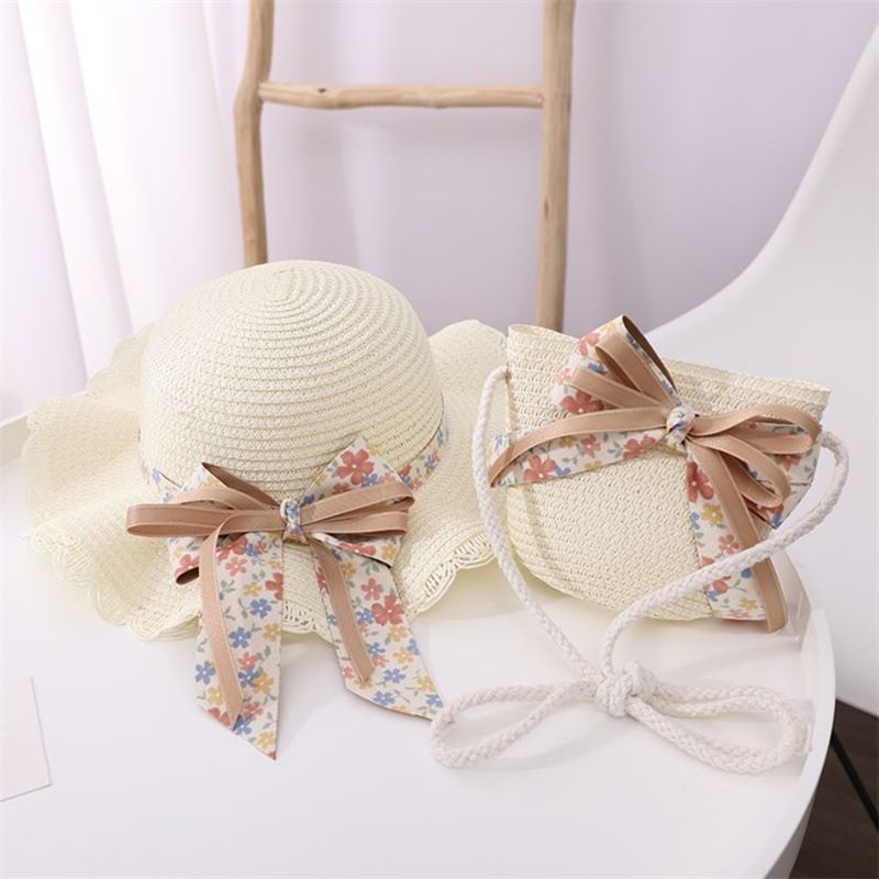 Cappelli di paglia da pescatore pieghevoli da spiaggia per bambini, protezione solare estiva da donna e set di borse_voghion.com