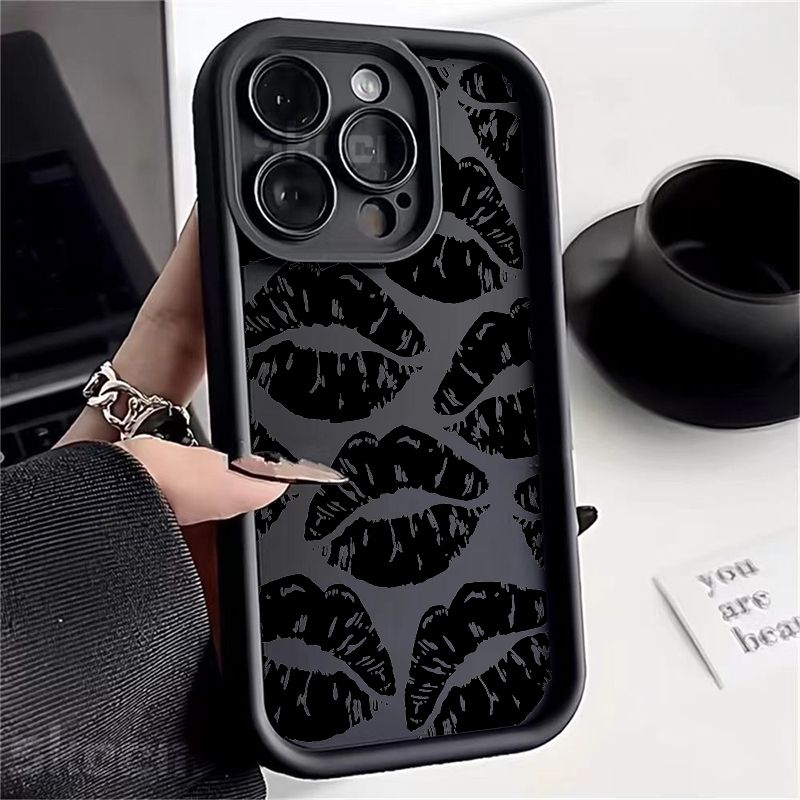 Coque de téléphone en silicone souple à imprimé lèvres noires pour iPhone 16, 15 Pro Max, 14, 13, 12, 11 Pro Max, 7, 8, 15 Plus, X, XS, XR, antichoc_voghion.com