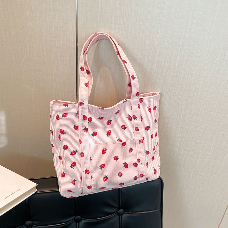 Corduroy Strawberry Print Tote Versatile Underarm Women's Large Capacity Shoulder College Student Canvas Bag_voghion.com
