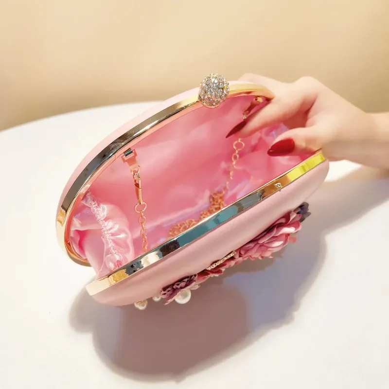 Borse da sera con fiori, colore rosa, piccole borsette da donna con tracolla a catena e scatola di perline con diamanti 250614l_voghion.com