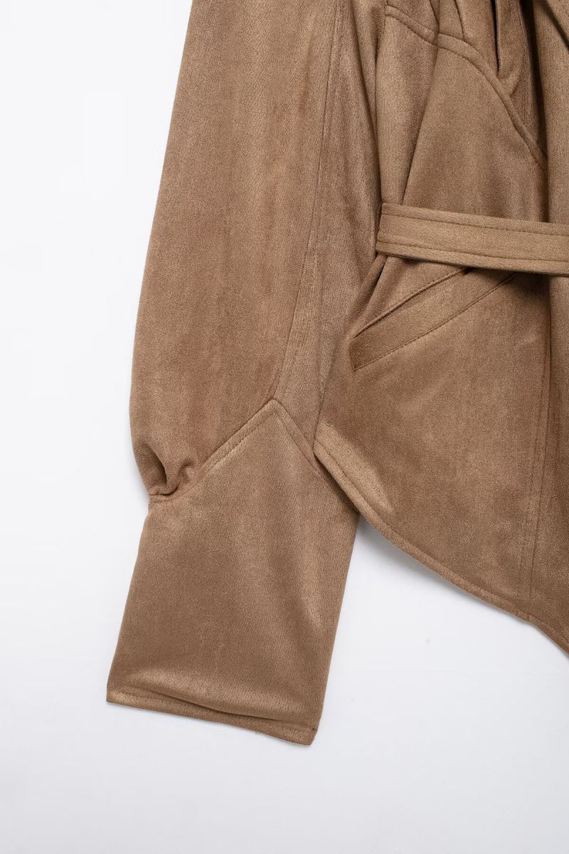 Women's Fashion Belted Cropped Jacket - Streetwear Style With Adjustable Waist Tie - Suede & Polyester Blend - Short Outerwear For Fall & Winter_voghion.com