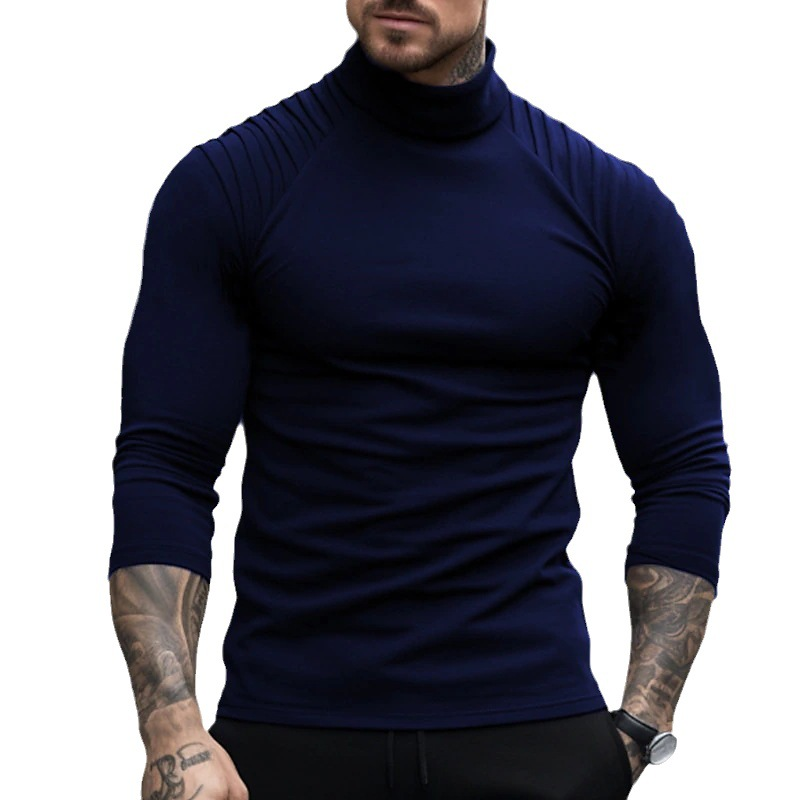 Man's clothing Men's solid color slim-fit high-neck long-sleeved T-shirt personality fashion pleated with rotator sleeves_voghion.com