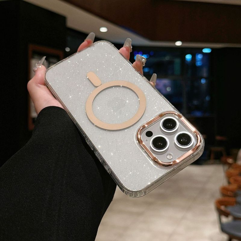 Glitter Magnetic Phone Case For IPhone 15/16 - Premium Electroplated Transparent Cover With Large Camera Cutouts (Gold Sparkle)_voghion.com