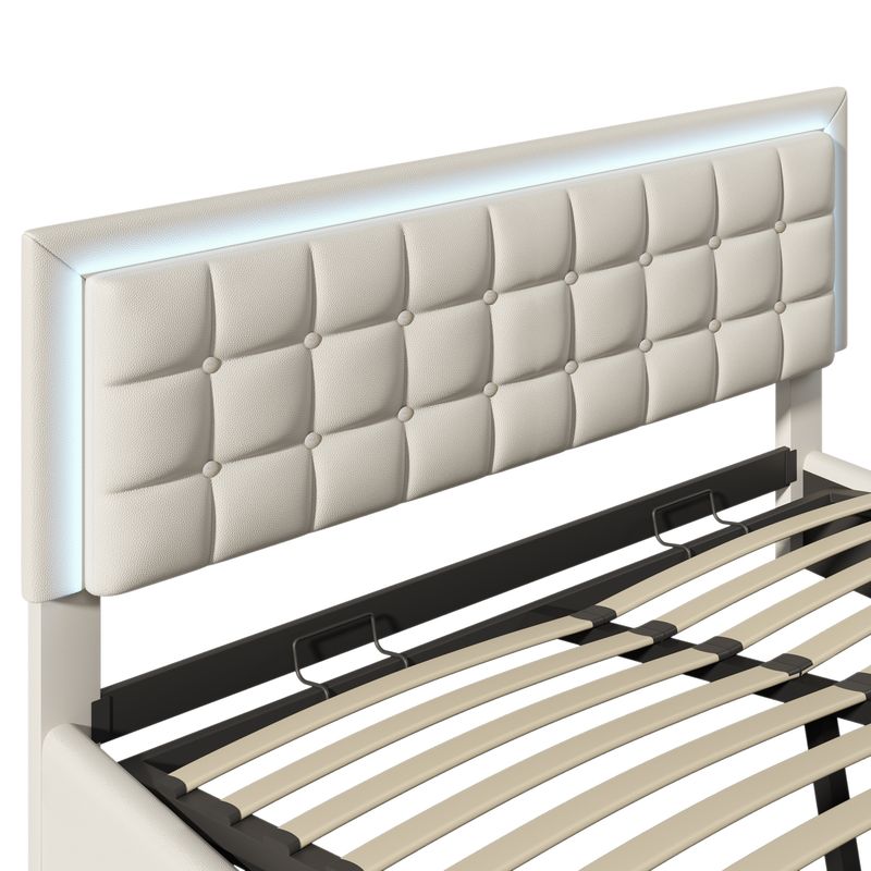 Lit double 140 x 200 cm avec sommier à lattes et rangements, avec bande lumineuse LED, cadre de lit rembourré en similicuir blanc._voghion.com