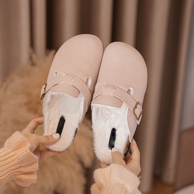 2023 Winter New Outsider Wearing One Foot Plush Slippers Women's Bag Head Half Slippers Cotton Shoes_voghion.com