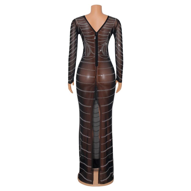 Abbigliamento da donna, abito con diamanti caldi da discoteca, aderente, alla moda e sexy, a maniche lunghe_voghion.com