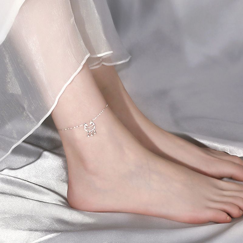 Cavigliera con campanella e nappa in stile coreano e giapponese, in argento, con lucchetto a lunga durata, per donne, semplice e elegante, Internet_voghion.com