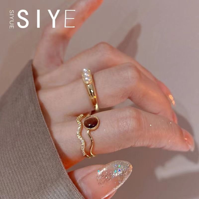 Anello aperto con pietra occhio di gatto in stile corte francese per donna, personalità alla moda, doppio strato di zircone_voghion.com