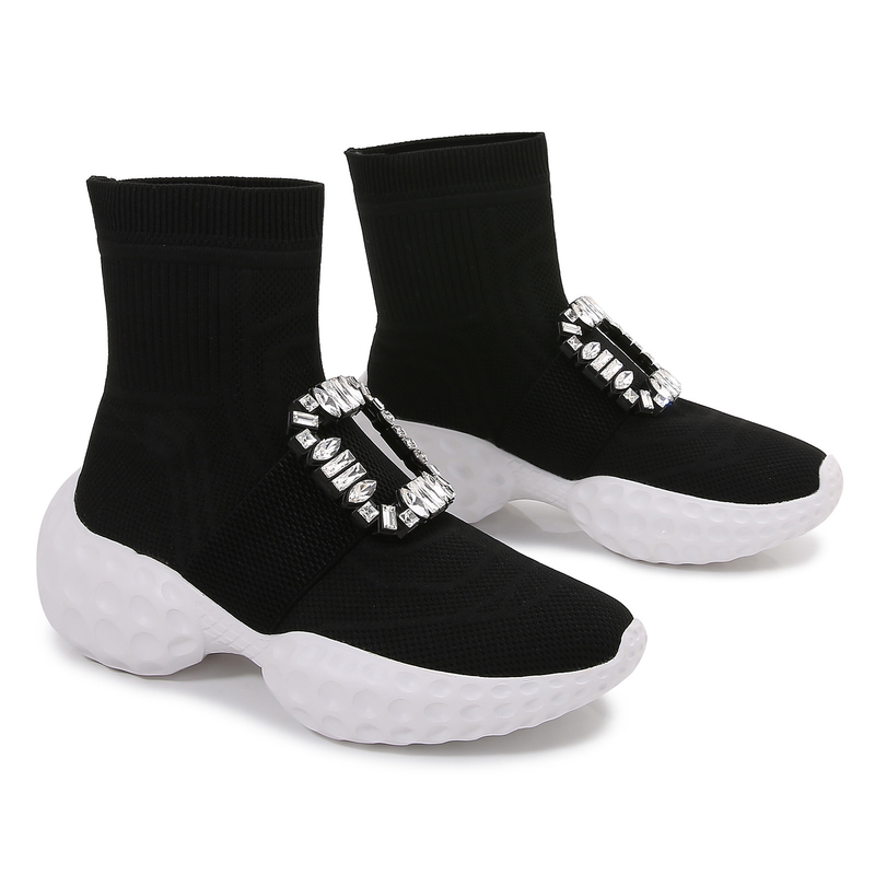 Diamond Buckle Thick Soled Height Enhancing Socks Boots Slip On Sports Shoes_voghion.com