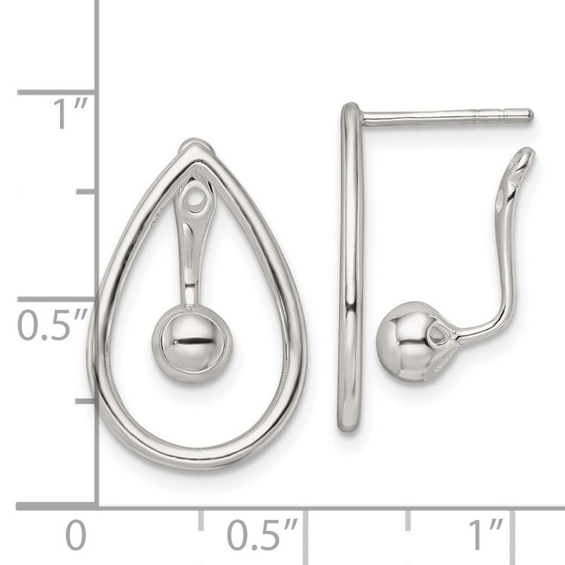 Sterling Silver Polished Teardrop W/Drop & Dangle Ball Threader Post Earrin_voghion.com
