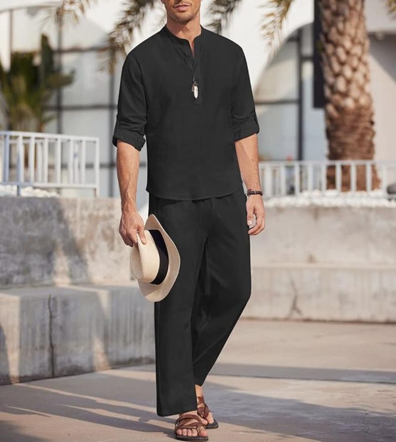 Autumn Foreign Trade Hot Sale Men's Solid Color Casual Sleeve Shirt Long Pants Set Trendy_voghion.com