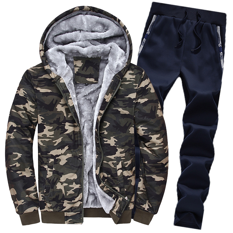 Fleece Men's Tracksuit Hoodie Suit Slim And Thick Warm Camouflage Suit_voghion.com