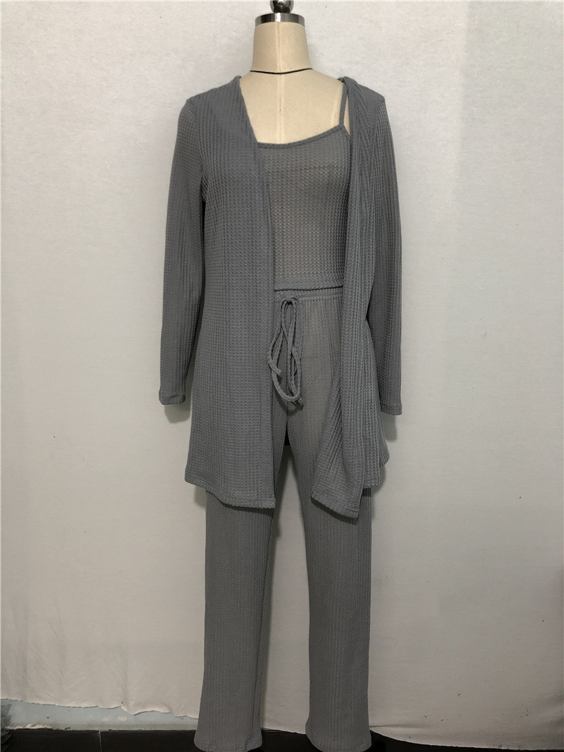 Women's home wear women's Waffle knit halter top trousers robe pajamas three sets_voghion.com