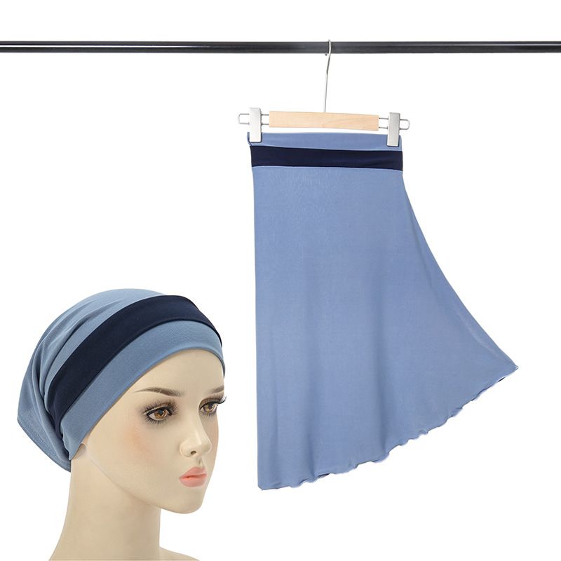 two-color stitching turban hat Muslim big hat two-piece set women's four-season pullover hat in stock_voghion.com