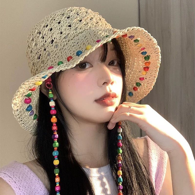 summer Colorful Wooden Bead Straw Hat With Openwork Large Brim, Foldable For Shade._voghion.com